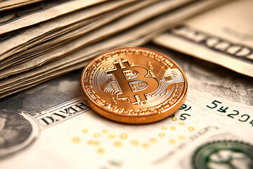 Bitcoin Cryptocurrency on US Dollar Bills Closeup