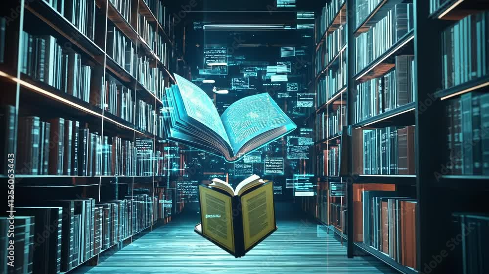 Poster open book floating in augmented reality within a digital library, displaying data and information in