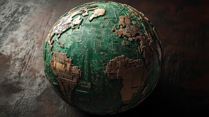 A globe with continents made of interconnected microchips, illustrating the pervasive nature of technology worldwide.