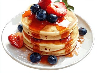 Fluffy pancake serving with fresh fruit bright kitchen food photography natural light overhead view inviting appeal