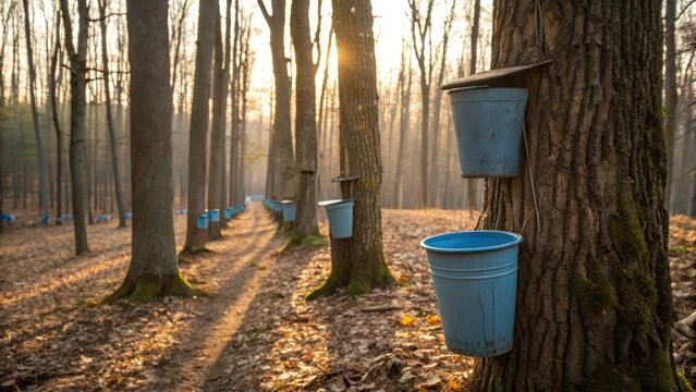 Maple syrup collection buckets hanging from trees in a sunlit forest, representing traditional syrup production.