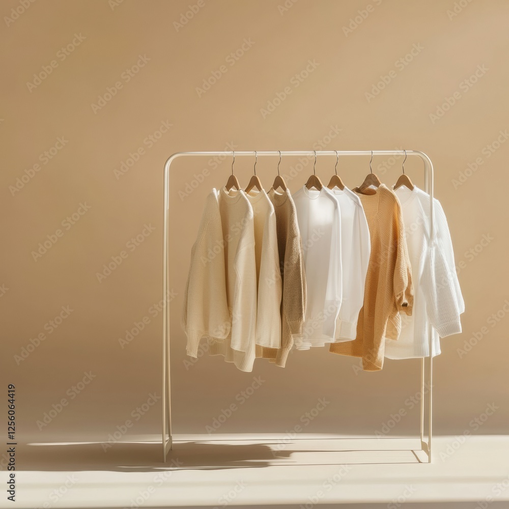 Aufkleber minimalist clothing rack featuring neatly arranged garments in various neutral hues against a soft b