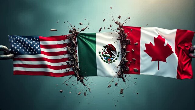 Flags of the usmca members breaking apart, representing the trade war and tariffs between united states, mexico and canada