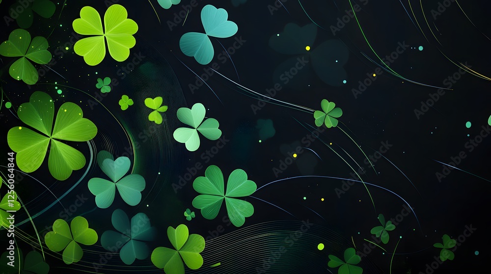 Poster green shamrocks float across dark background