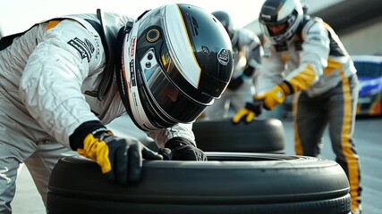 Pit Crew Changing Tires in Record Time During Racing Competition