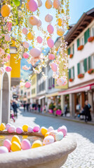Beautifully decorated swiss village with easter ornaments for spring celebration
