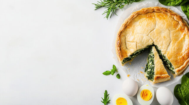 Rustic italian easter pie torta pas with spinach and eggs for holiday celebration design