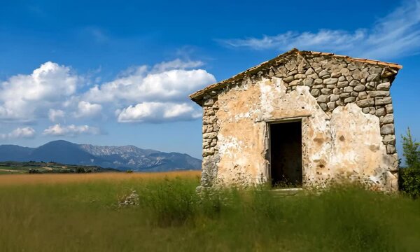 An old, weathered house stands alone in a vast, scenic landscape under a bright sky, representing nostalgia, history, and the beauty of nature overtaking human creations.