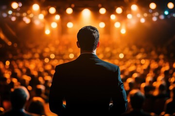 a charismatic orator commands attention from a grand auditorium stage, silhouetted against dramatic spotlights, with a sea of blurred audience members creating depth