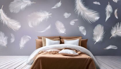 International pillow fight day art of floating fly feathers, bedroom background