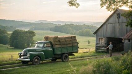 Green vintage truck loaded with hay bales parked near a rustic barn in a picturesque landscape.