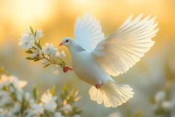 Fototapeta premium White dove is flying with olive branch. Concept of peace and tranquility, symbol of love and harmony