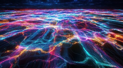 A neon cyber-grid spanning across continents, pulsating with vibrant data flow, forming a visual representation of global internet connections.