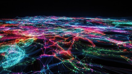 A neon cyber-grid spanning across continents, pulsating with vibrant data flow, forming a visual representation of global internet connections.