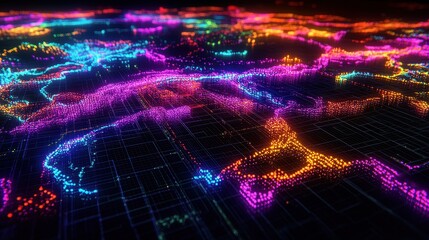 A neon cyber-grid spanning across continents, pulsating with vibrant data flow, forming a visual representation of global internet connections.