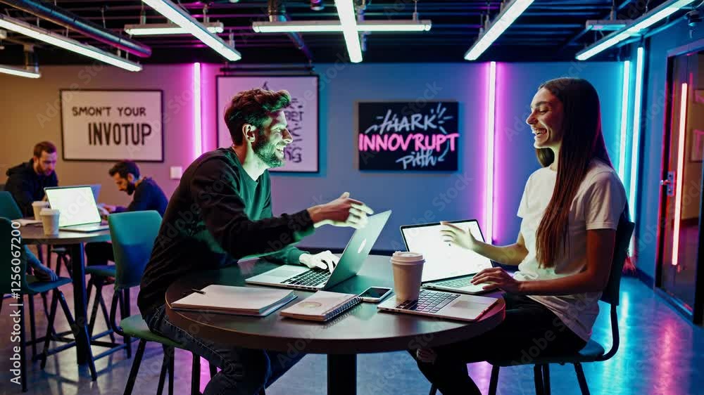 Poster engaging collaboration between coworkers in a modern workspace during a brainstorming session