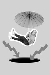 Poster magazine collage of weird young guy businessman risking regressing fall down parasol into...