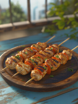 Delicious chicken skewers, grilled, wood plate or tray. Isolated white background, Brazilian traditional "espetinhos de frango", poultry, bbq food	