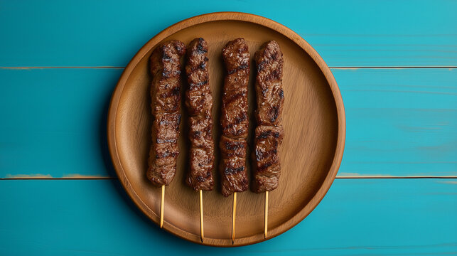Delicious beef skewers, grilled, wood plate or tray. Isolated white background, Brazilian traditional "espetinhos de carne", bbq food	
