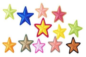 Colorful embroidered star patches on a black background