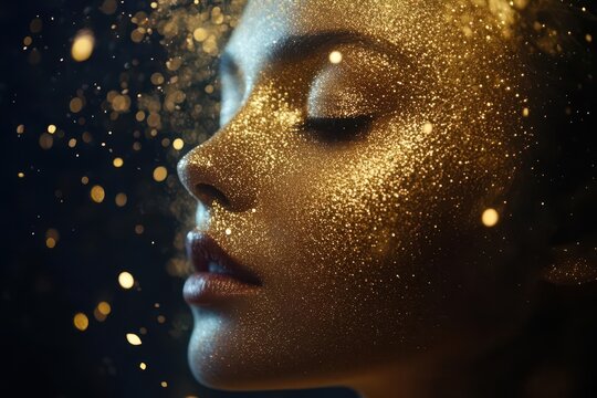 a dynamic spiral of shimmering gold particles dancing through space, each particle catching light like suspended stardust in zero gravity