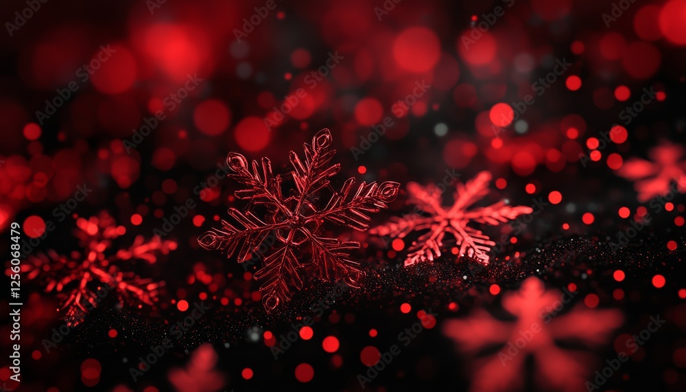 Poster realistic 3d render of red glowing snowflakes on black background with bokeh lights for winter theme