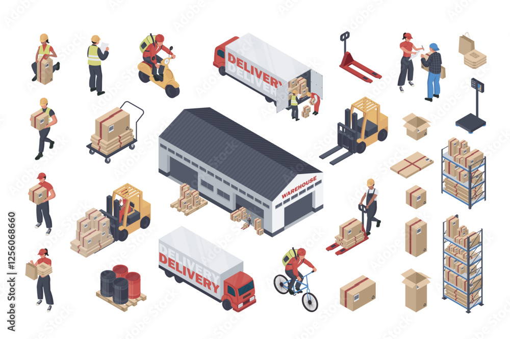 Poster delivery 3d isometric mega set in flat design. collection isometry elements of operators, workers wi