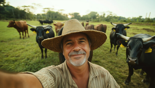 proud brazilian farmer selfie, farm landscape, breed farming, fazendeiro, 
