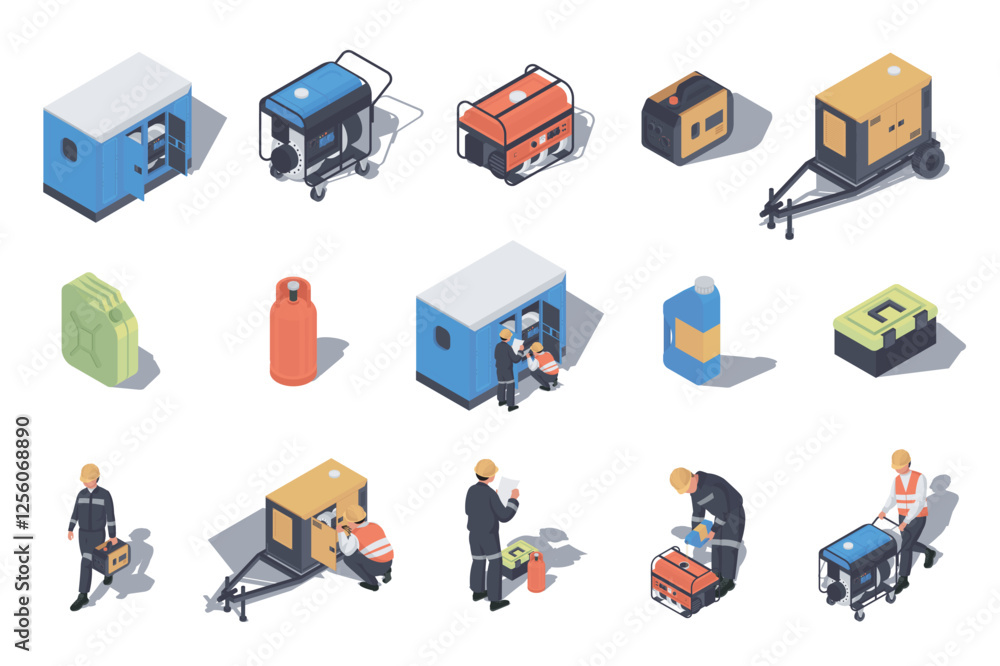 Poster generators maintenance 3d isometric mega set in flat design. collection isometry elements of differe