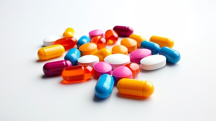 Isolated Pills on White. Medicine and Pharmacy Concept with Various Pills and Tablets. Perfect for Cephalalgia, Placebo and Drugged Health Related Themes