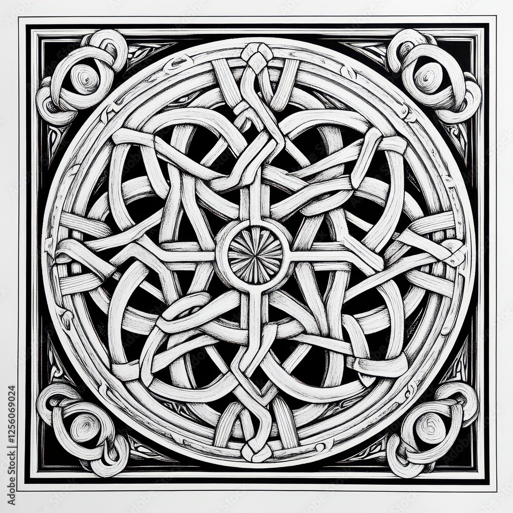 Poster intricate black and white circular design featuring interwoven patterns and decorative elements