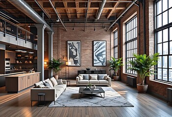 Interior of an urban loft with industrial decor, exposed bricks