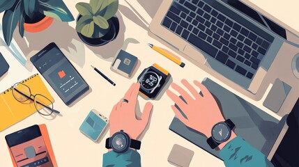 A hand wearing a smartwatch interacts with a futuristic holographic interface, displaying various digital elements and data. The scene suggests advanced technology and innovation.