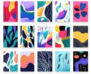 Obraz premium A set of abstract illustrations in bright colors, with simple shapes and textures that create an overall positive atmosphere.