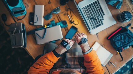 A hand wearing a smartwatch interacts with a futuristic holographic interface, displaying various digital elements and data. The scene suggests advanced technology and innovation.