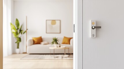 A luxury penthouse entrance featuring a smart lock, with a view of the brightly lit living room and stylish decor in the background.