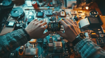 A hand wearing a smartwatch interacts with a futuristic holographic interface, displaying various digital elements and data. The scene suggests advanced technology and innovation.