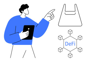Person pointing towards blockchain network labeled DeFi while holding a tablet in blue clothing. Ideal for finance, technology, digital innovation, decentralized finance, blockchain, fintech