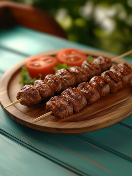 Delicious beef skewers, grilled, wood plate or tray. Isolated white background, Brazilian traditional "espetinhos de carne", bbq food	
