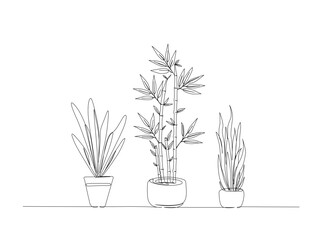 Continuous one line drawing of potted plant for interior. Potted house plant in single line draw illustration. Editable stroke.