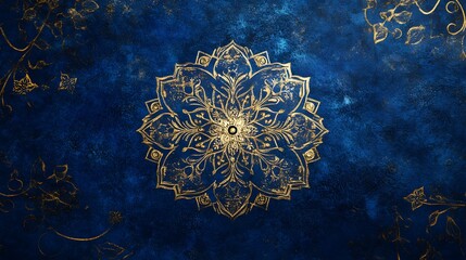 Colorful intricate mandala design, vibrant blues and golds, suitable for meditation themes or decorative backgrounds.