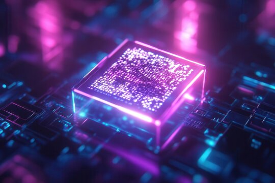 a futuristic qr code floating in holographic space, glowing neon edges, translucent geometric patterns, digital matrix background, cyberpunk aesthetic with deep blues and electric purples - Powered by Adobe