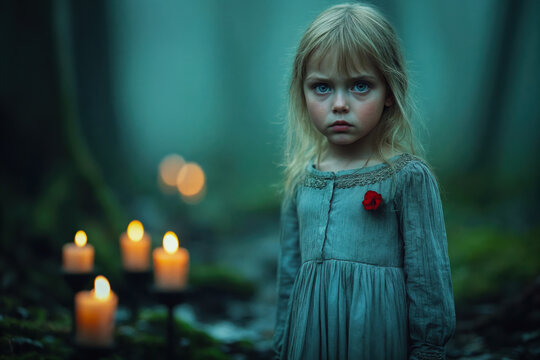 Mysterious Girl in the Forest with Candlelight