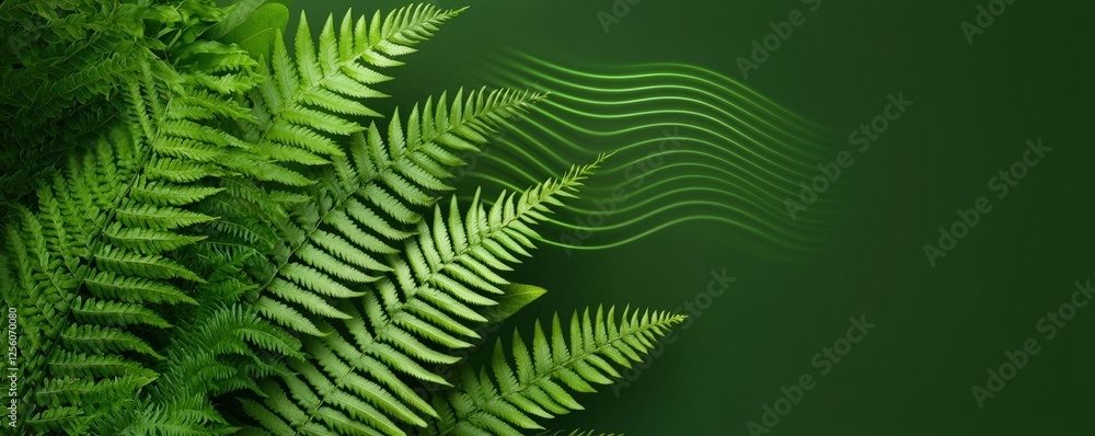 Poster effects transformation perspective concept. lush green ferns with subtle wave patterns on a dark bac