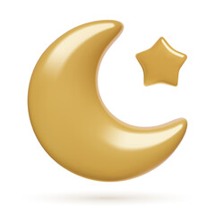 3d crescent moon and gold star icon isolated on white background. Three dimensional realistic vector illustration. illustration