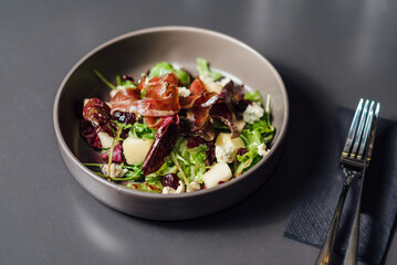 Fresh Gourmet Salad Bowl with Prosciutto and Mixed Greens