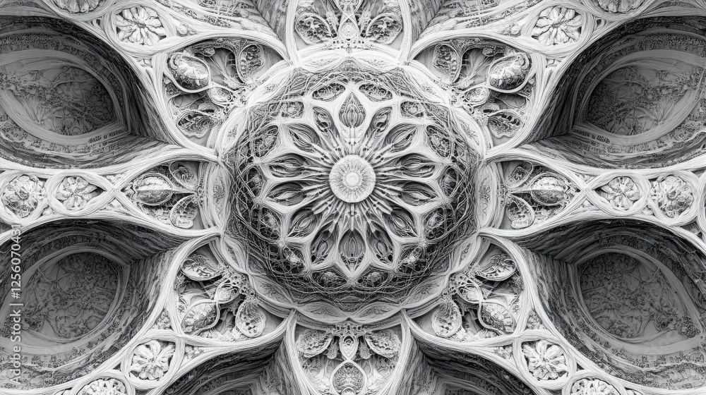 Poster intricate black and white architectural design featuring floral pattern and symmetrical geometry in 