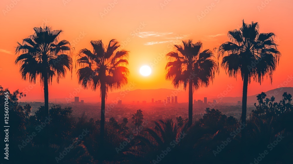 Wall mural vibrant orange sunset over palm trees with a city skyline in the background during twilight in los a