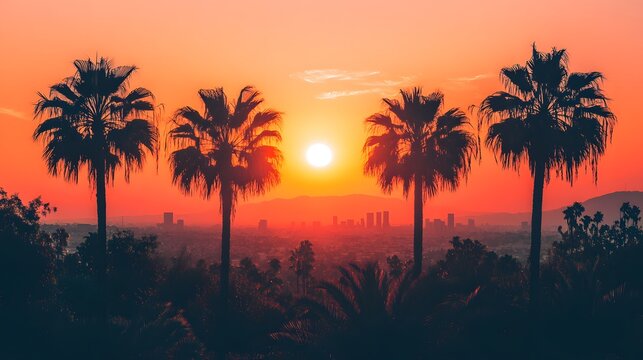 Vibrant orange sunset over palm trees with a city skyline in the background during twilight in los angeles - Powered by Adobe