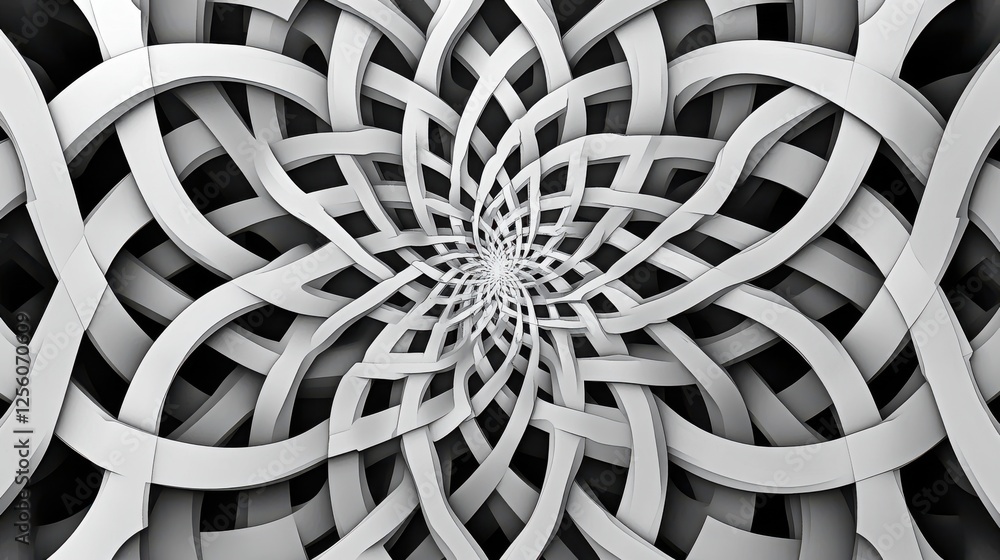Poster intricate abstract design of interwoven gray and white curves in a spiraling pattern